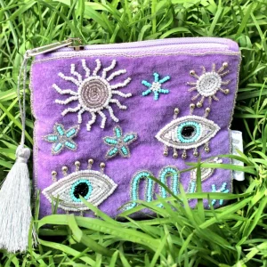 Pochette ricamata Occhi portafortuna viola